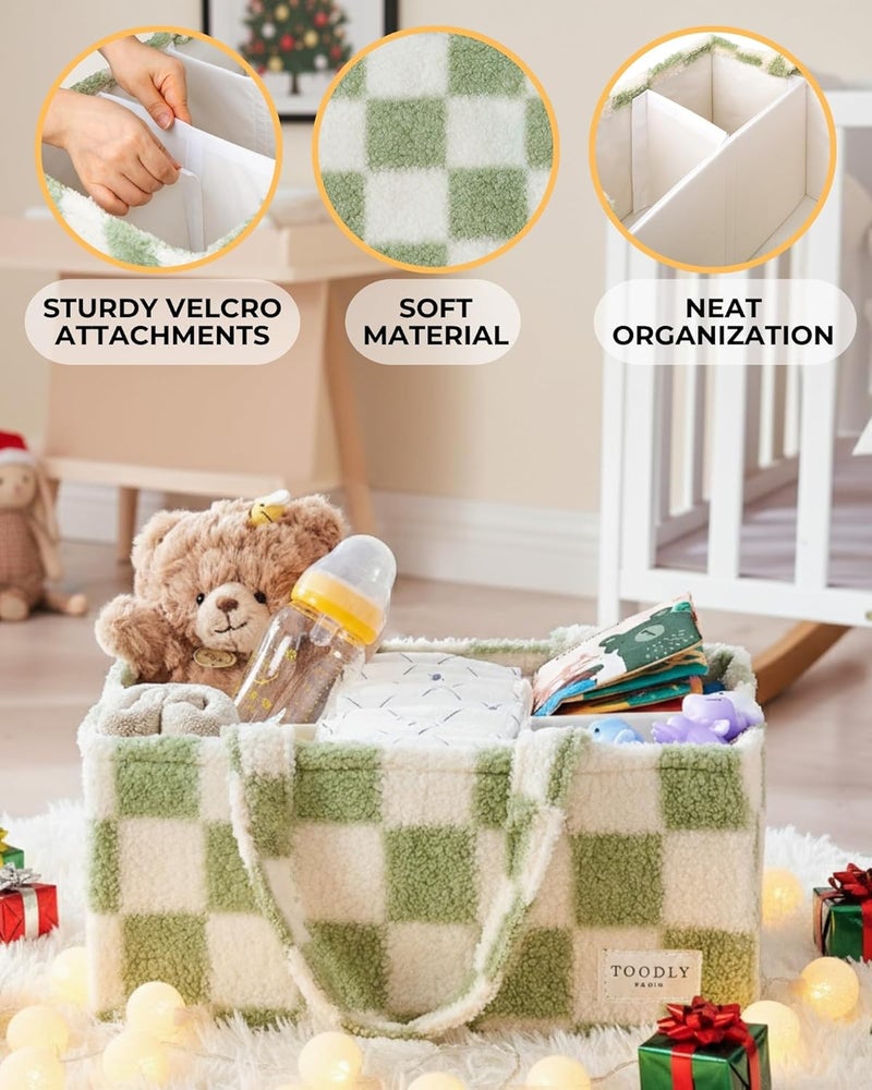 Toodly Checkered Diaper Caddy Organizer with Portable Changing Mat - Teddy Fleece Diaper Organizer for Changing Table - Caddy Organizer with Removable Dividers - Green and White - Image 4